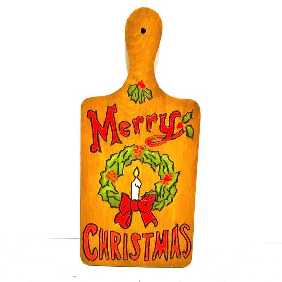 Retro 1970’s Christmas Holiday Hand Crafted Decor Cutting Board Colorful Wood - Picture 1 of 6